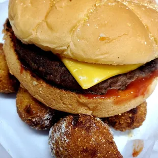 Cheeseburger and hushpuppies