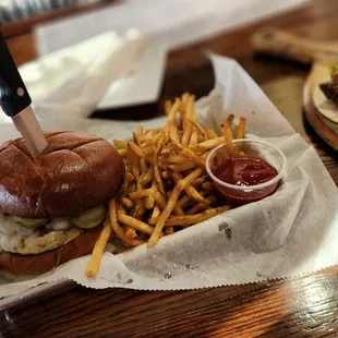 a burger and fries