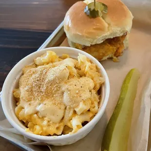 Hot honey chicken sandwich with mac and cheese