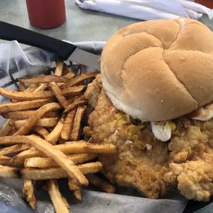 Pork tenderloin sandwich with small order of homemade fries