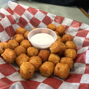 Sweet potato puffs with marshmallow dip. Not great.