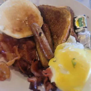 Pancakes, French toast, bacon, eggs Benedict