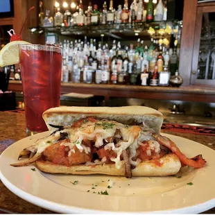 a plate of food and a drink