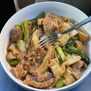 Beef with Chinese broccoli with Rice noodles.