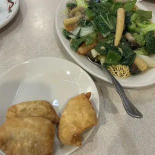 Crab Rangoon and noodles with vegetables