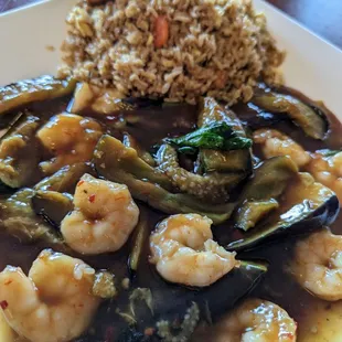 Eggplant and Shrimp with fried rice and egg rolls on the lunch menu