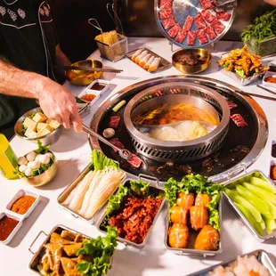 Appetizers, and a variety of meats, vegetables and other items for Hot Pot &amp; BBQ