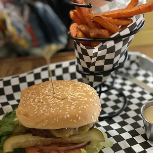 Captain America Burger with sweet Sweet Potato Fries