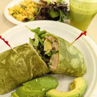 a plate of food and a drink