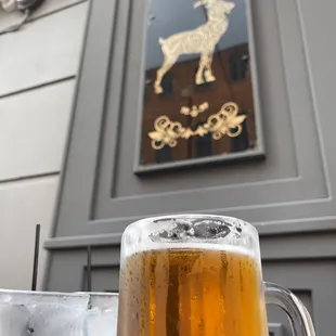 a glass of beer and a glass of ice