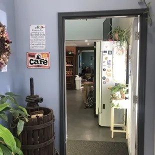 Inside building entrance to cafe