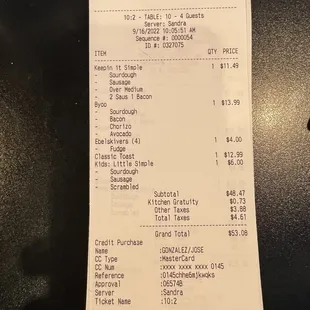 a receipt for a restaurant