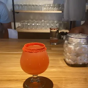 Pomegranate Beer  with a sweet Chile rim best beer I&apos;ve had