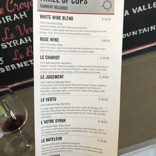 Wine tasting menu