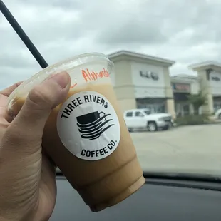 Iced Vanilla Latte. Outside of the restaurant.