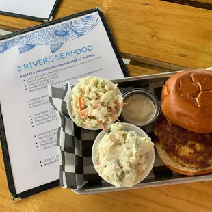 a burger and coleslaw