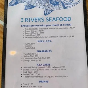 a menu for three rivers seafood