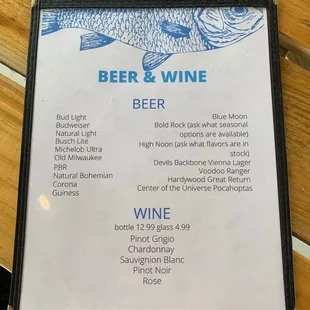 beer and wine menu