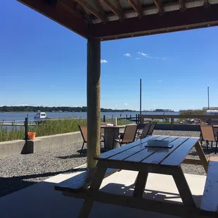 a picnic table with a view of the water