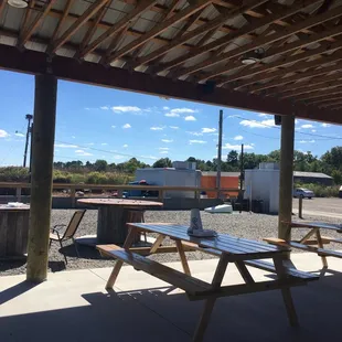 picnic tables under a roof