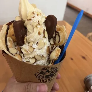 a hand holding a cone of ice cream