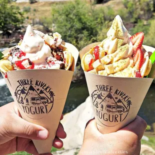 Gansito waffle with vanilla frozen yogurt (left), strawberry cheesecake waffle with vanilla frozen yogurt (right)