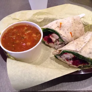 Cauliflower soup with the chicken salad wrap