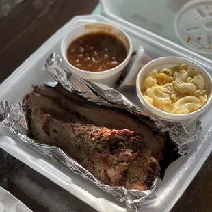 Brisket, baked beans, and Mac n cheese