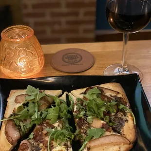 Boursin, pear, bacon, arugula flatbread