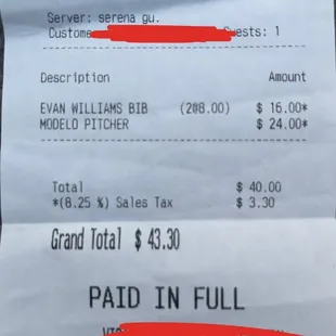 Bar tab