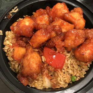 Vegetable fried rice with sweet and sour pork
