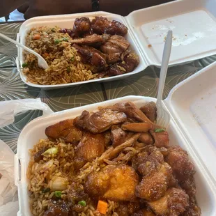 Borboun Chicken &amp; Orange Chicken W/ Vegetable Fried Rice