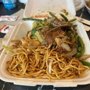 a plate of noodles with meat and vegetables