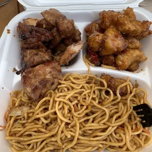 Noodles, bourbon chicken, orange chicken