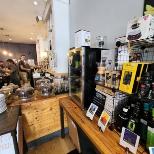 a counter with a variety of food items