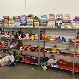 Children's toys and puzzles. Lots of plushies.