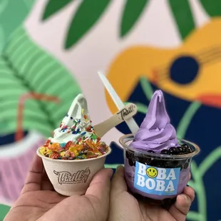 Melona soft serve with Fruity Pebbles and sprinkles (left) and Ube Boba soft serve (right).