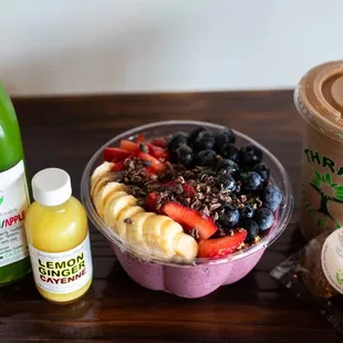 Organic Cold Pressed Juice PB Acai Bowl Lemon Ginger Cayenne Shot Protein Power Smoothie