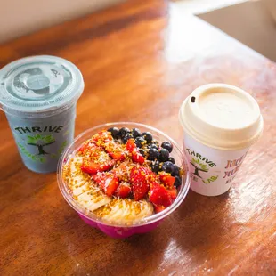 Blue Laguna smoothie, Pitaya Bowl, and Thrive Cafe Melange Coffee with Lavender Syrup.