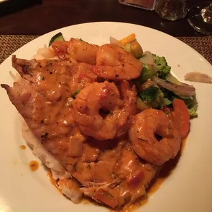 This is supposed to be Bourbon Chicken with Blackened Shrimp.