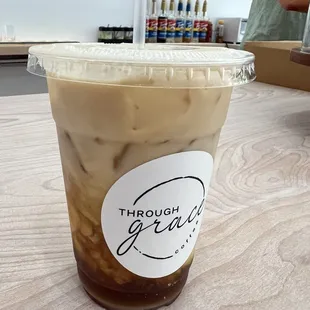 Iced vanilla latte with almond milk.