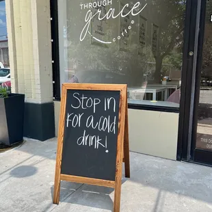 Sidewalk in front of the coffee shop.