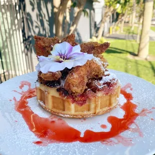 Strawberry stuffed waffle with chicken tenders