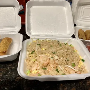 Shrimp fried rice, Chinese egg rolls, and Vietnamese egg rolls