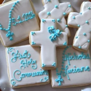 a plate of decorated cookies