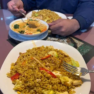 Curry fried rice and red curry.