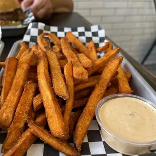 Battered sweet potato fries with thunder sauce!!!