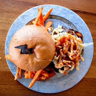 Long Duk Dong burger with sweet potato fries