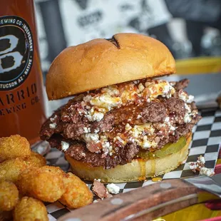 The Goat -- Two smash patties, Chopped Bacon, Goat Cheese, Pickles, and Hot Honey.  J. Martin Harris Photography  www.JMartinHarris.com