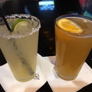 Margarita on da rocks and a Blue Moon with orange slice